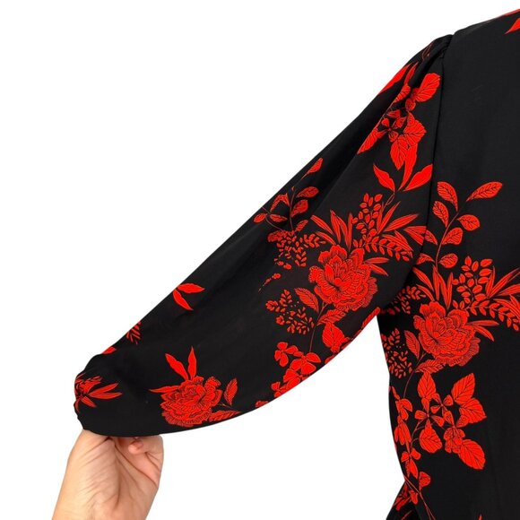 Nanette Lepore Floral Midi A-Line Dress High Neck Black Red Size 12 - Picture 9 of 12